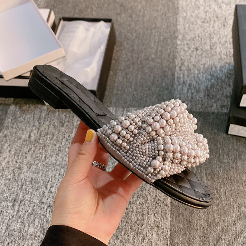 100% di alta qualità nuovo di zecca moda tacco basso punta aperta pantofole da donna strass tacchi alti sandali da donna donna