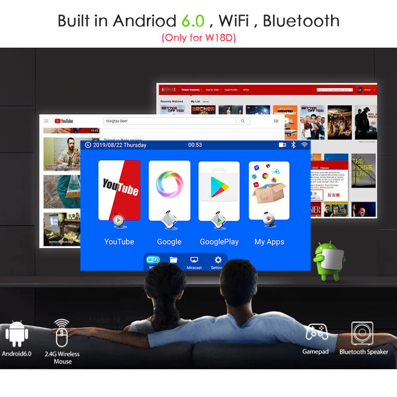 Мини-проектор AUN W18, 2800 люмен (опционально Android 6,0 wifi W18D), поддержка Full HD 1080P, светодиодный 3D-проектор для домашнего кинотеатра