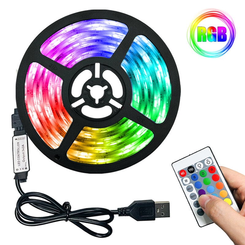 Tira de luces LED RGB 2835 USB 5V, lámpara de cinta con control remoto infrarrojo para fiesta, dormitorio, TV, ordenador, decoración de retroiluminación
