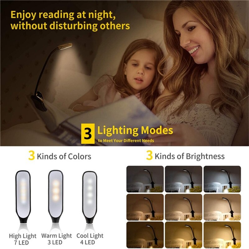 Rechargeable Book Light 7 LED Reading Light with 3-Level Warm Cool White Daylight Flexible Easy Clip Night Reading Lamp in Bed