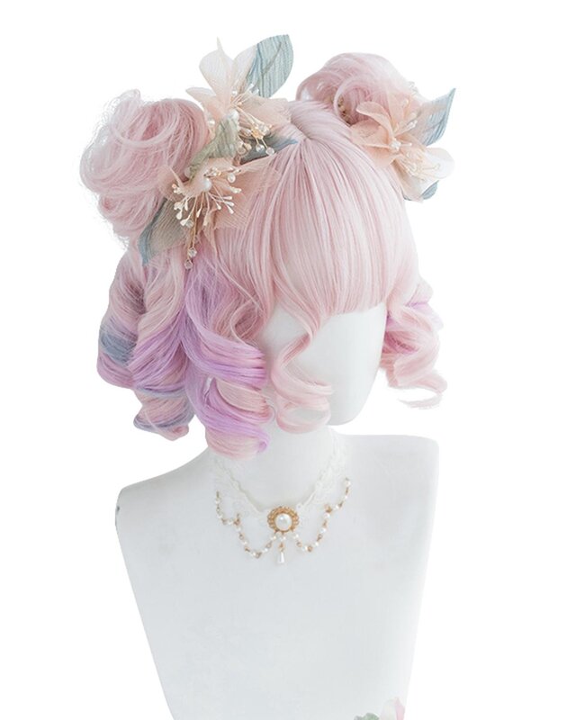 Feminino popular multi-cores bonito japão lolita halloween natal sintético curto encaracolado peruca + boné