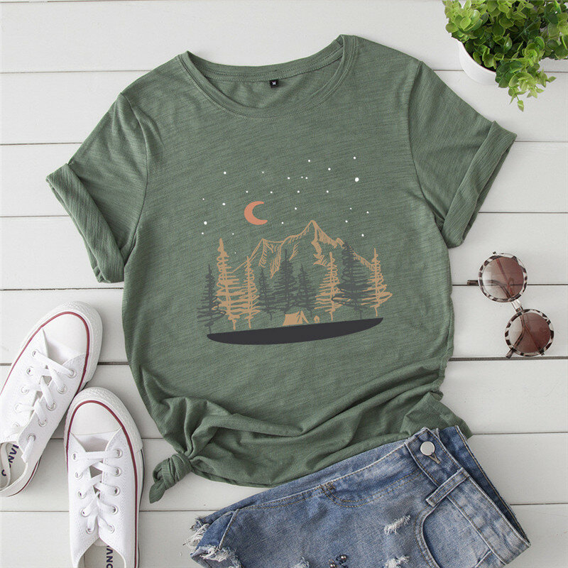 Summer Women Cotton T-Shirts Fashion New Mountain Print Casual Tops O-Neck Short Sleeve Tee Plus Size S-5XL Female Clothing