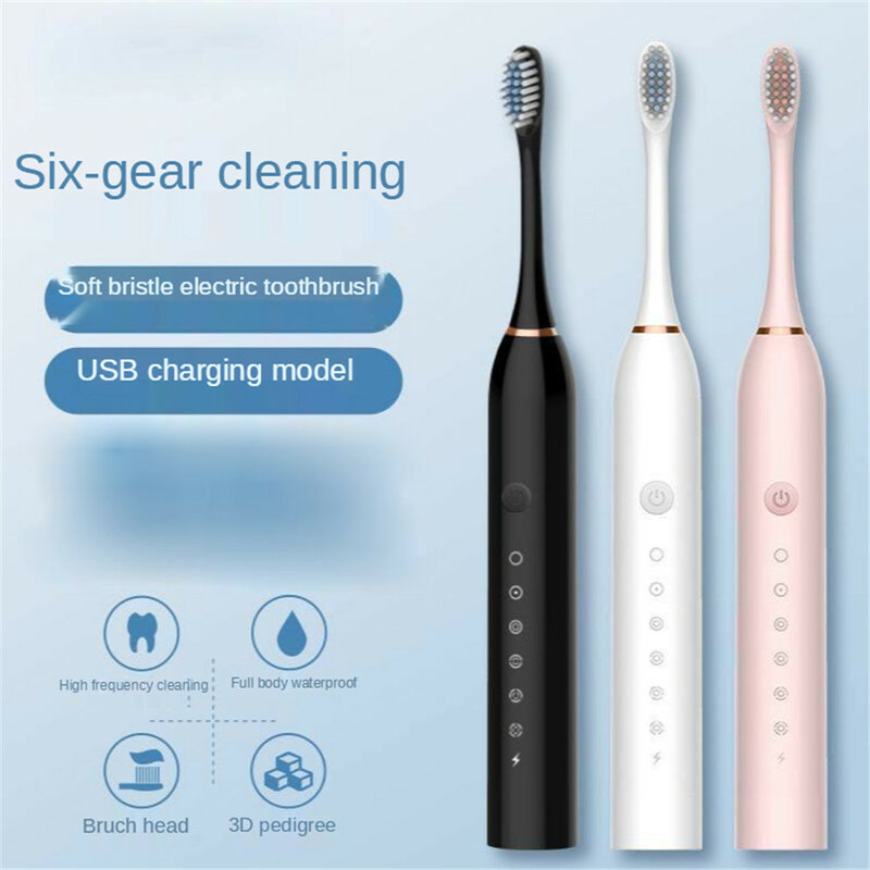 Sonic Electric Toothbrush for Adult Kids Timer Brush 6 Mode USB Charger Rechargeable Tooth Brushes Replacement Heads Set Black