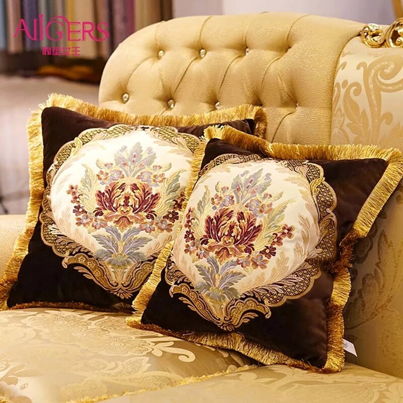 Aeckself Luxury Royal ครอบคลุมเบาะปัก Tassels ดอกไม้สแควร์หมอนกรณีสำหรับโซฟารถห้องนอนสีฟ้าสีขาวสีน้ำตาล