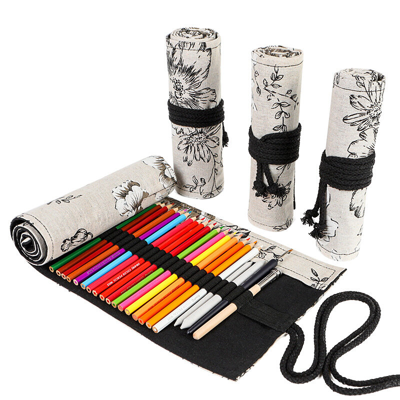 Bolsa enrollable de algodón para niños y niñas, estuche de lápices de colores de gran capacidad, 24, 36, 48 y 72 agujeros