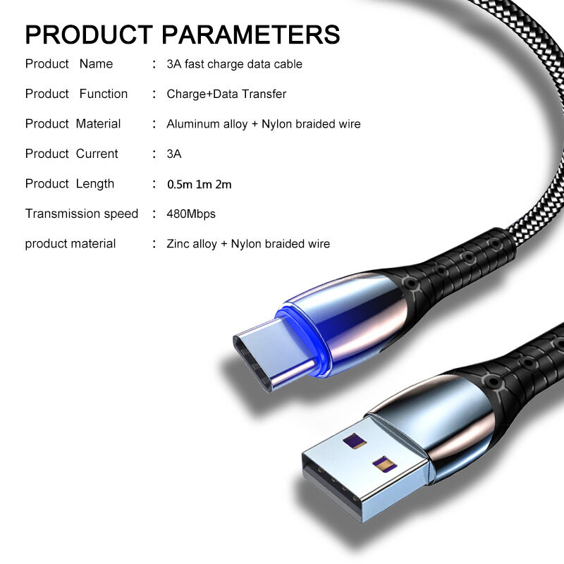 3A USB Tipe C Kabel Kabel Data Kawat untuk Samsung Xiaomi Huawei Ponsel Pengisian Cepat Kabel USB Pengisi Daya Tipe C Kabel USB Mikro