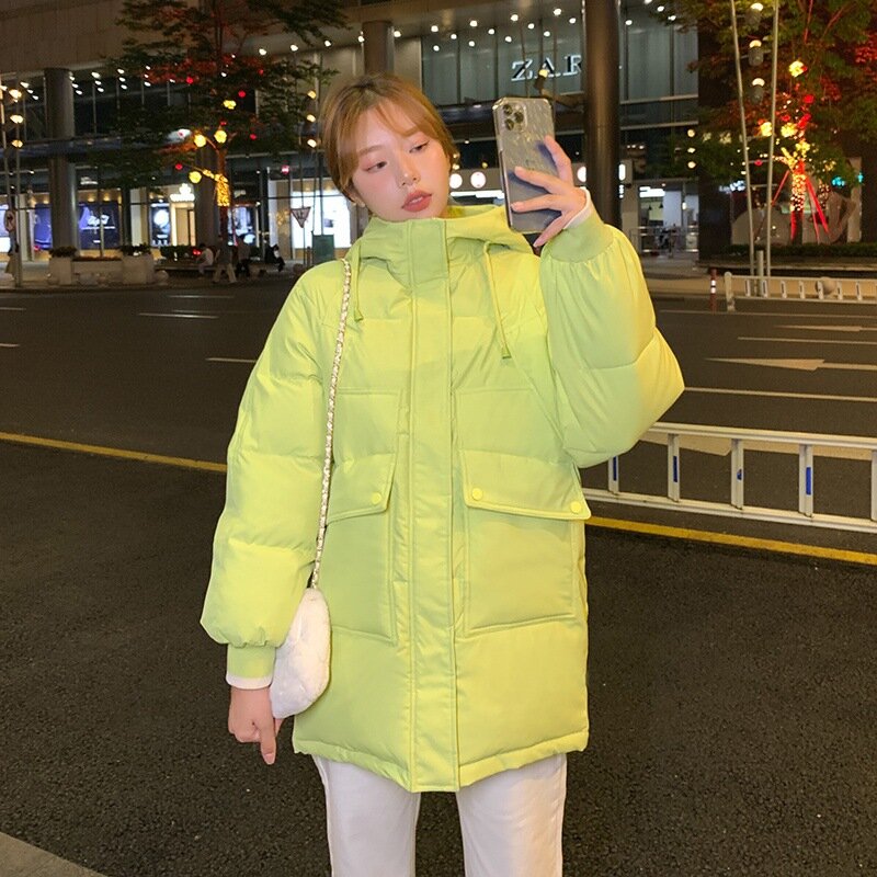 2021 inverno estilo coreano solto grosso algodão casaco de comprimento médio para baixo algodão casaco cor doce novo para mulher