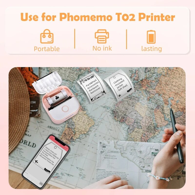 Термобумага Phomemo для T02/M02X, портативные этикетки для принтера, липкая наклейка «сделай сам», цилиндрический журнал, фототексты, учебная запи...