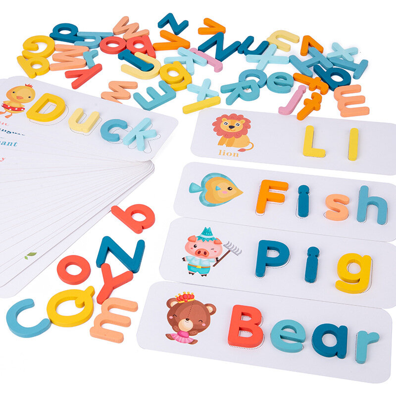 새로운 어린이 나무 철자 놀이 퍼즐 게임 어린이를위한 교육 장난감 영어 알파벳 카드 편지 학습 장난감 나무 블록