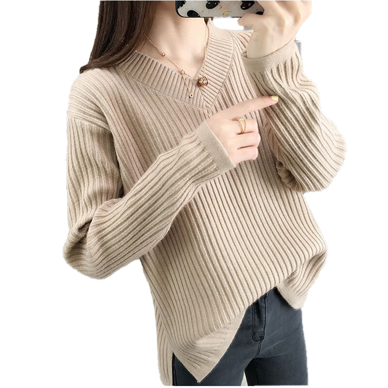 Fashion V-neck Sweater Womens Winter Fashion Ladies Pink Knitted Clothes 2021 Autumn Popular American Stripe Straps Cotton Tops