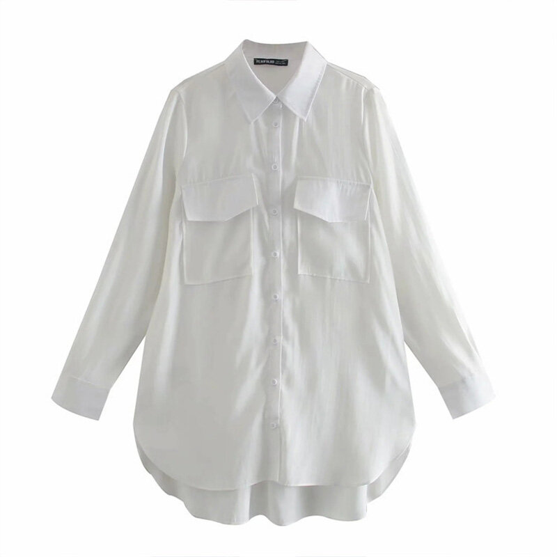 Za koszule damskie Oversize bluzki kieszonkowe zapinane na guziki Mujer Blusas luźny, biały długi rękaw BF koszula długa regularna jednolita moda 20