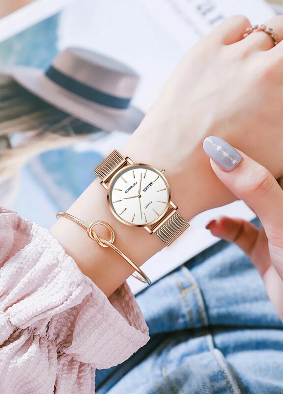 Crrju nova moda feminina relógios requintado ouro rosa elegante calendário de negócios relógio de pulso charme senhoras aço quartzo feminino