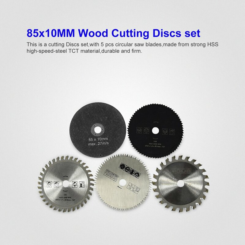 Hss tct conjunto de lâmina de serra circular, 5 peças 85x10mm discos de corte de madeira para dremel, cortador de metal, ferramenta rotativa, conjunto de discos de corte
