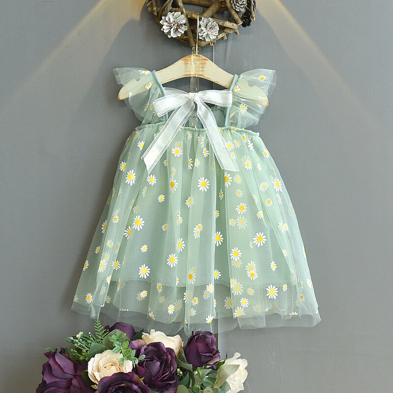 Girls little daisy halter skirt 2021 baby summer dress little girl princess gauze dress fluffy yarn baby girl dress