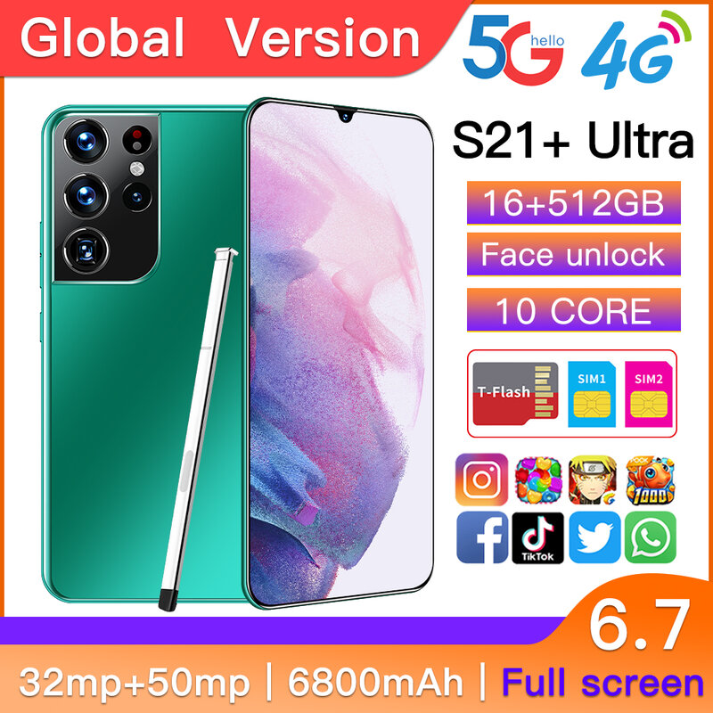 Versione globale Sansung S21 Ultra Smartphone 16GB 512GB 6.7 pollici android 10 32MP 50MP fotocamera Face ID Snapdragon 888 telefono cellulare