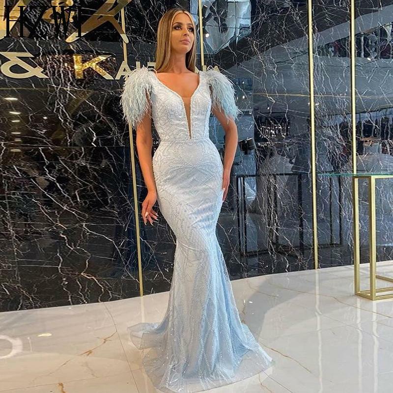 Light Blue Mermaid Sheer Deep V-Neck Formal Evening Party Gowns Feather Short Sleeve Sweep Train Zipper Back 2020 Prom Dresses