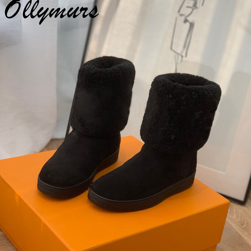 Ollymurs Sepatu Bot Musim Dingin Wol Domba Kulit Asli Baru Selip Pada Sepatu Bot Hangat Desainer Merek Mewah Sepatu Wanita