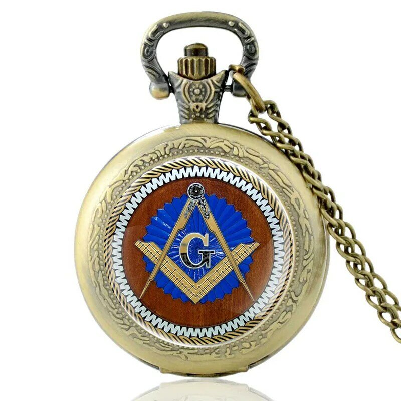 Relógio de bolso vintage masculino e feminino, relógio retrô de bronze de bolso com emblema da maçonaria, colar com pingente, joias para presente