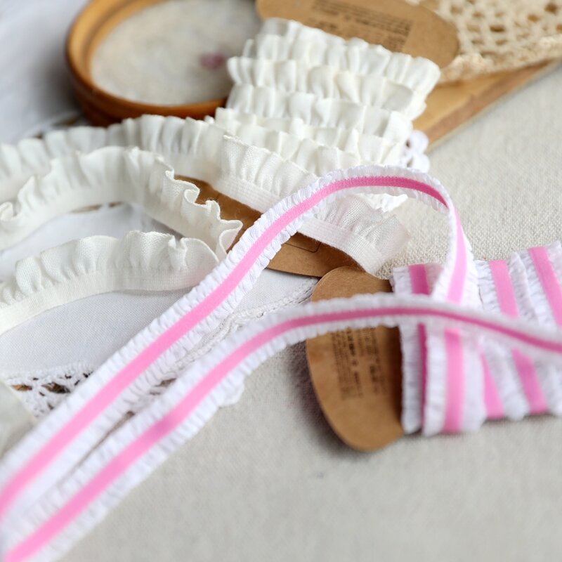 Cinta de encaje de guipur plisado, adorno de cuello de encaje elástico, 1,4 cm, tela de encaje elástico blanco y rosa, decoración de vestido, costura artesanal, LP15A, 1M