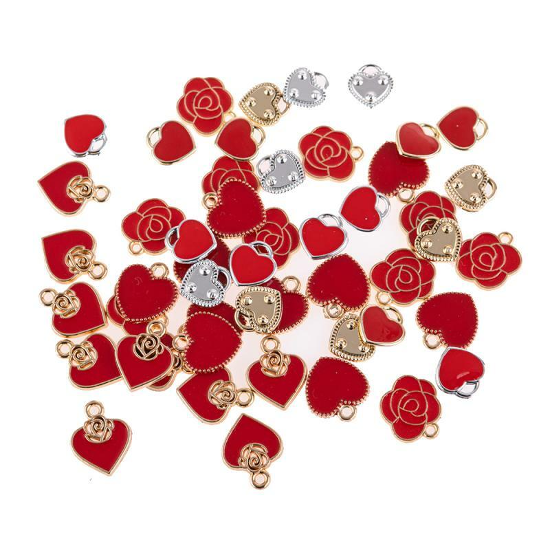 50 unidades/pacote estilo misto vermelho flor coração encantos diy colar brincos para jóias que fazem jóias acessórios