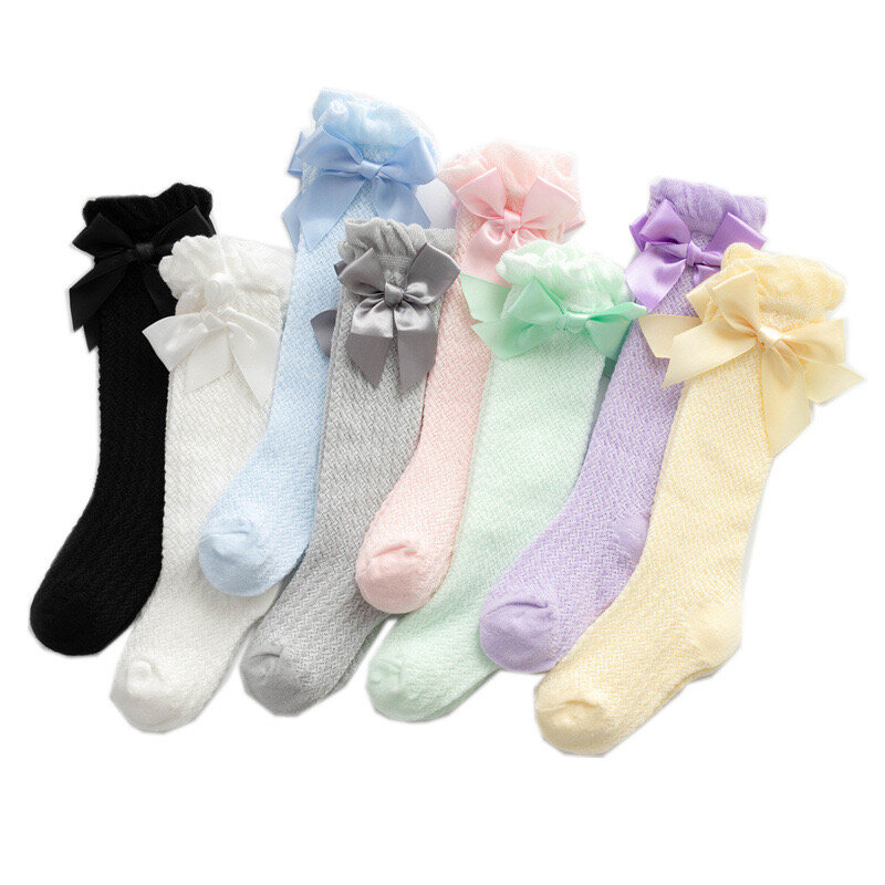 Enfants D'été Chaussettes Maille Bowknot Enfants Bébé Mince À Rayures Verticales Moustique Chaussettes Ballet Collants 4 Pièces 1 Lot WZ38