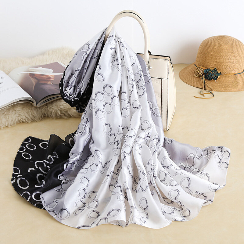 Женский шелковый шарф с принтом, Длинная пляжная шаль из шелка с защитой от ветра, 180x90 см, весна-осень