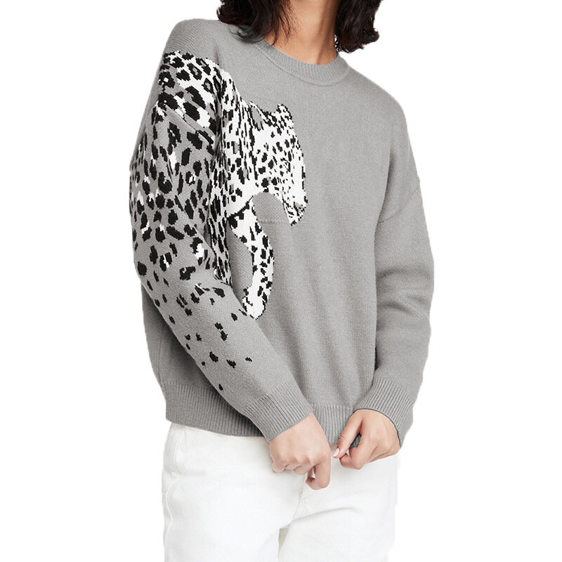 Suéter de punto con estampado de leopardo grande para Mujer, jerséis holgados de invierno, jerséis largos, ropa de calle