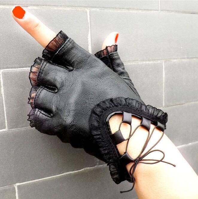 Punk Cool gants en cuir véritable pour femme, à moitié doigt, déguisement de danse Disco Sexy, sans doigts, gants de conduite