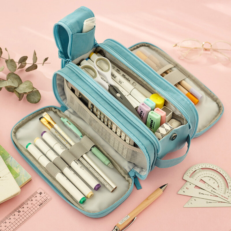 Grand sac à crayons en toile multicouche, jolie trousse à crayons Kawaii de style coréen, sac de rangement pour stylos de papeterie scolaire