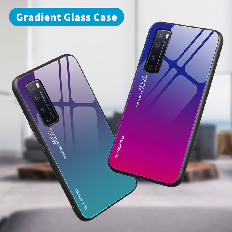 For Huawei Nova 7 6 SE 5i 3 Gradient Glass Phone Case for Huawei P40 Pro P30 lite P20 Dazzle Color shell Tempered Glass Cover