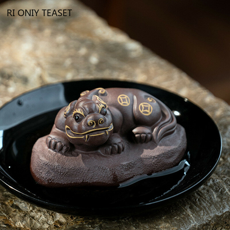 2 pçs/set high-end yixing roxo argila chá animal de estimação sorte estatueta de chá ornamentos artesanal escultura em casa conjunto de chá decoração arte