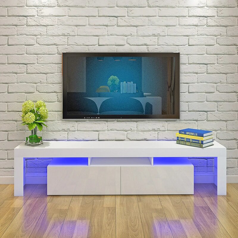 Supporti TV lunghezza 160cm, LED RGB frontale lucido, 2 cassetti portaoggetti, ripiano in vetro, mobile TV mobili soggiorno