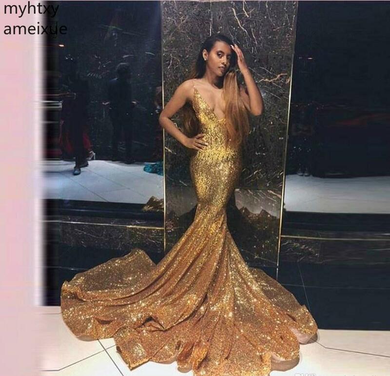 2021 New Arrival Gold Sexy Dress Elegant Sleeveless V-neck Floor-length Sweep Mermaid Natural Sequin Spaghetti Strap Plus Size