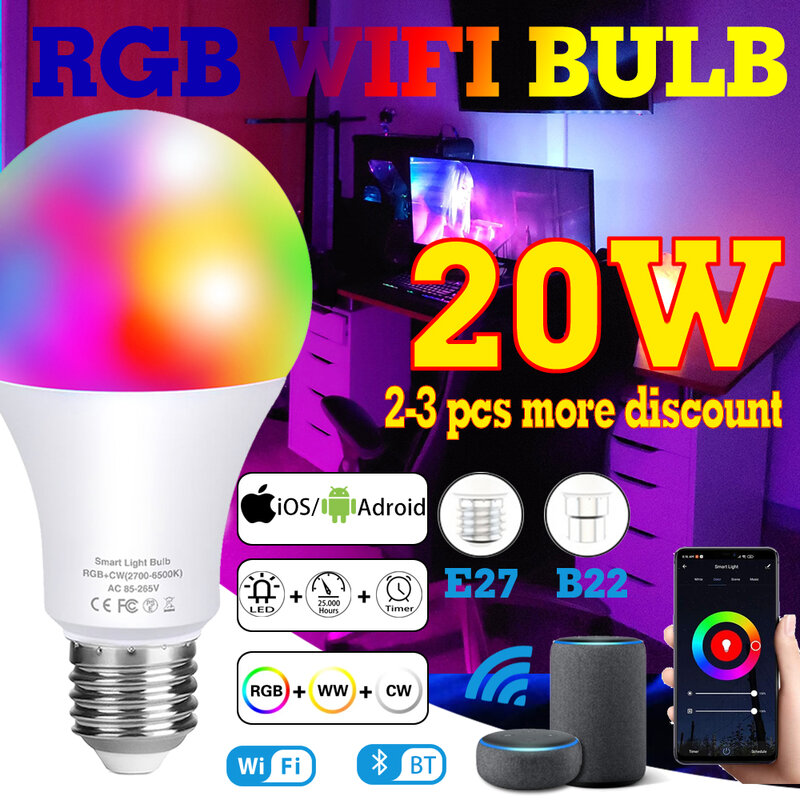Светодиодная лампочка RGB E27 B22 с Wi-Fi, умсветильник светильник с регулируемой яркостью и ИК дистанционным управлением, волшебный ночсветильни...