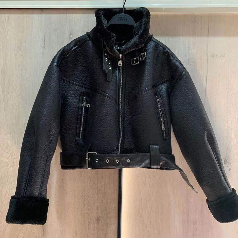 Novo 2021 jaqueta de inverno das mulheres grossas jaqueta de couro do falso casaco feminino quente cordeiro biker casaco feminino casual cinto outwear senhoras