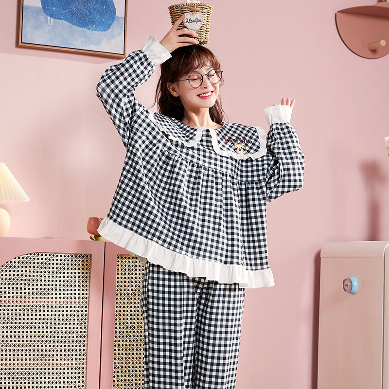 2021 New Style Pajamas Women's Winter Cotton Long Sleeve Thin Cute Plaid Home Clothes Set Can Be Worn Out In Spring And Autumn