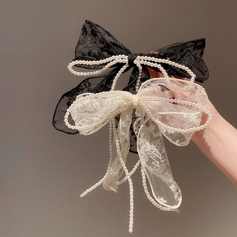 Koreańska, czarna biała koronkowa perła kokarda spinka do włosów akcesoria do włosów dla kobiet moda prosta biżuteria Bowknot Barrette klip dziewczyna prezent