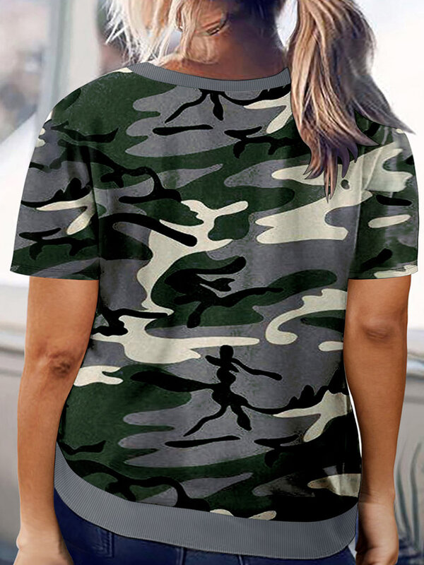 T-Shirt manches courtes col rond femme, estival et décontracté, avec fente, vert camouflage imprimé, grandes tailles 4XL et 5XL, 2022