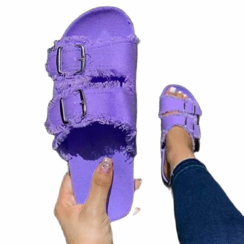 Sandalias informales de lona de Color sólido para mujer, zapatillas suaves y cómodas con doble botón, de verano, 5KE070