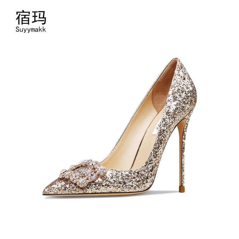 Zapatos de tacón alto para mujer, calzado de punta puntiaguda con diamantes de imitación y purpurina, Sexy, para fiesta y boda, talla 6/8CM, 2021