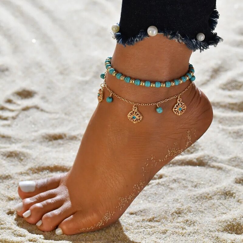 Tornozeleira feminina com duas camadas, tornozeleira dourada de metal em concha de coco, para o verão, sandália pés descalços, bracelete de tornozelo