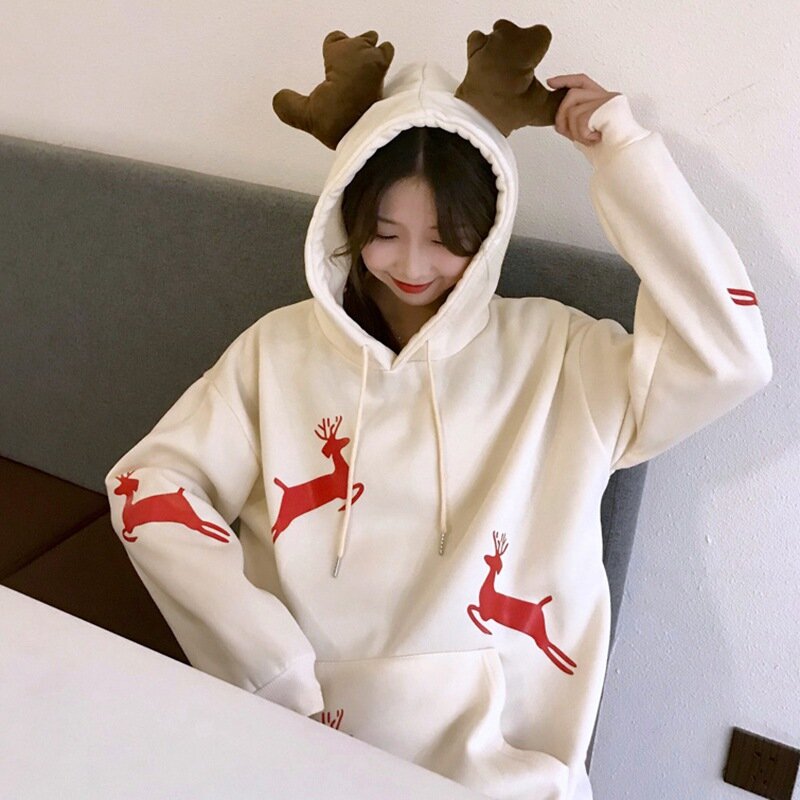 Autumn Winter Korean Style Loose Christmas Deer Woman Pullovers Print Plus Velvet Thick Hooded Top Mujer De Moda