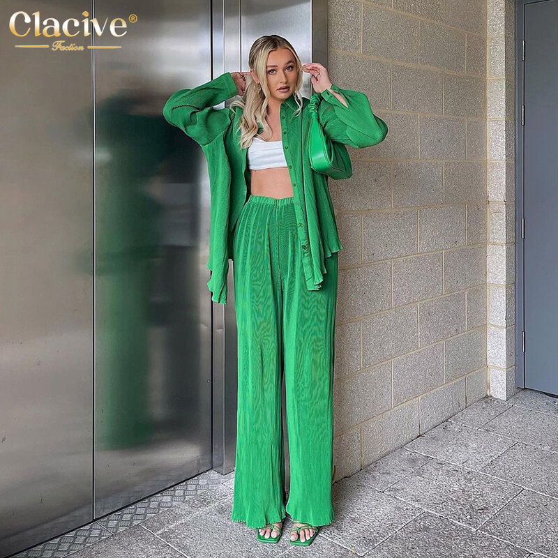 Clacive casual verde calças definir moda feminina manga longa blosue com calças largas terno elegante solto plissado 2 peça conjunto