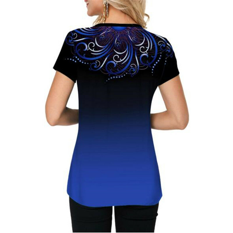 女性用半袖ヴィンテージプリントTシャツ,女性用ラウンドネックカジュアルブラウス,ラージサイズ5xl Tシャツ,ボタン付きトップス2020