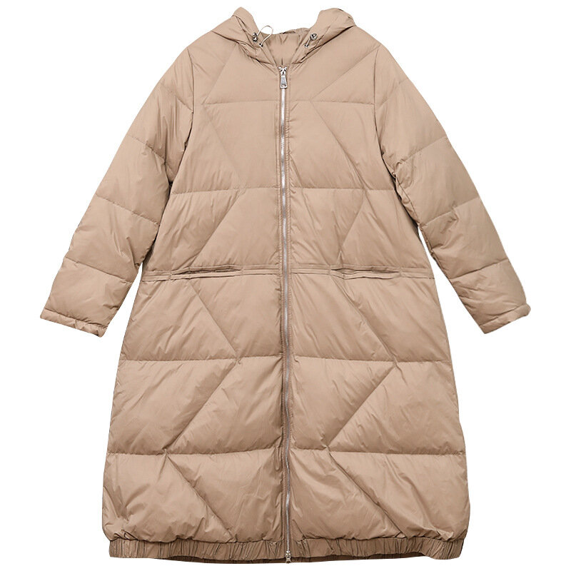 Średniej długości płaszcz puchowy z kapturem damski dorywczo duży rozmiar biały pierzyna ciepły płaszcz zimowy