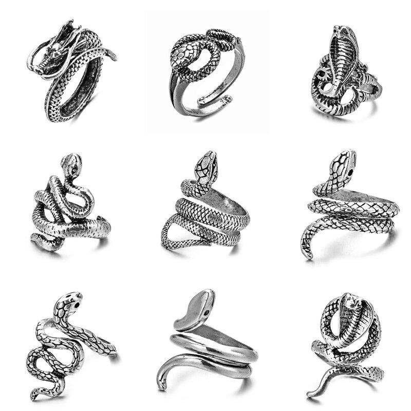Anel punk retrô de cobra para homens e mulheres, anel ajustável com abertura de prata, exagerados