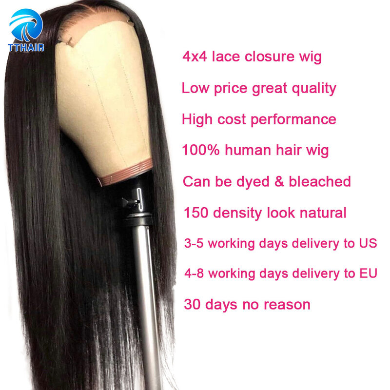 Ludzkich włosów peruka koronki przodu peruki z ludzkich włosów 13x4 prosto koronkowa peruka na przód 4x4 zamknięcie koronki peruka włosy indyjskie Remy Hair peruki 150 gęstości
