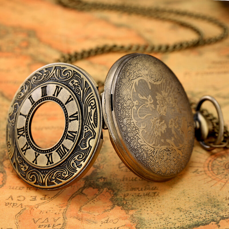 Retro Bronze Roman Numerals Quartz Pocket Watch Hollow Case Steampunk Gold Arabic Numbers Pendant Clock Necklace Chain Best Gift