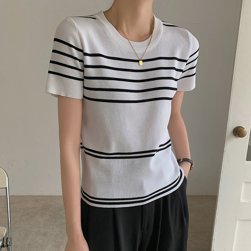 T-shirt donna summer stripe knit girocollo manica corta slim donna top 25001 #