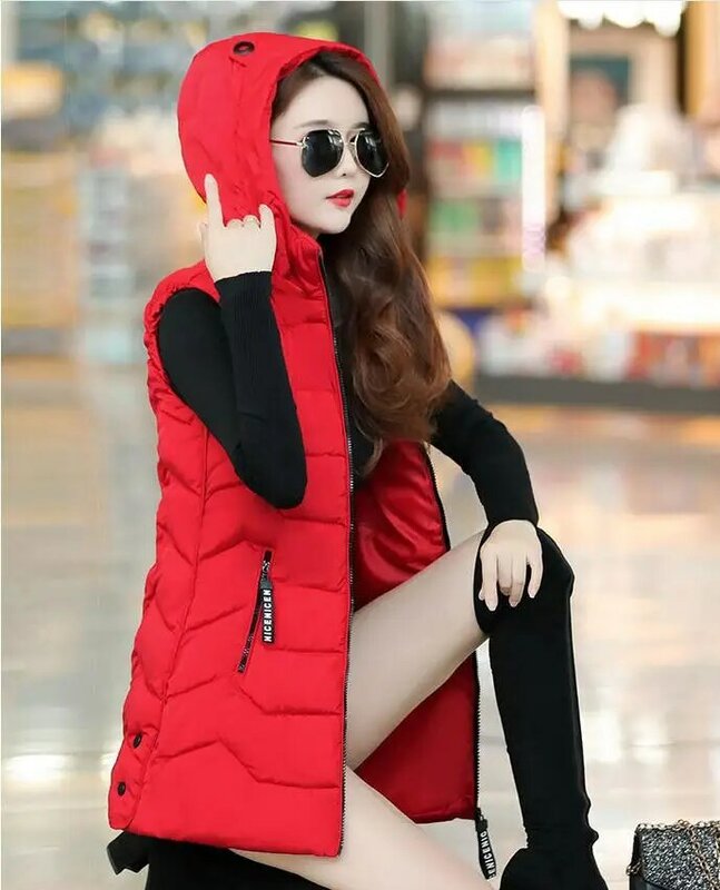 Chaleco Ajustado con capucha para mujer, parka de algodón sin mangas, de talla grande, Color sólido, cálido, K1402